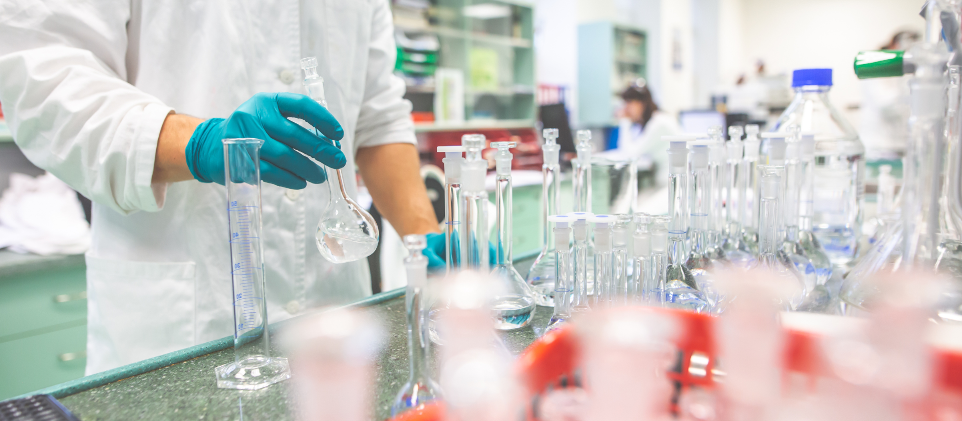 Volumetric flasks in a laboratory