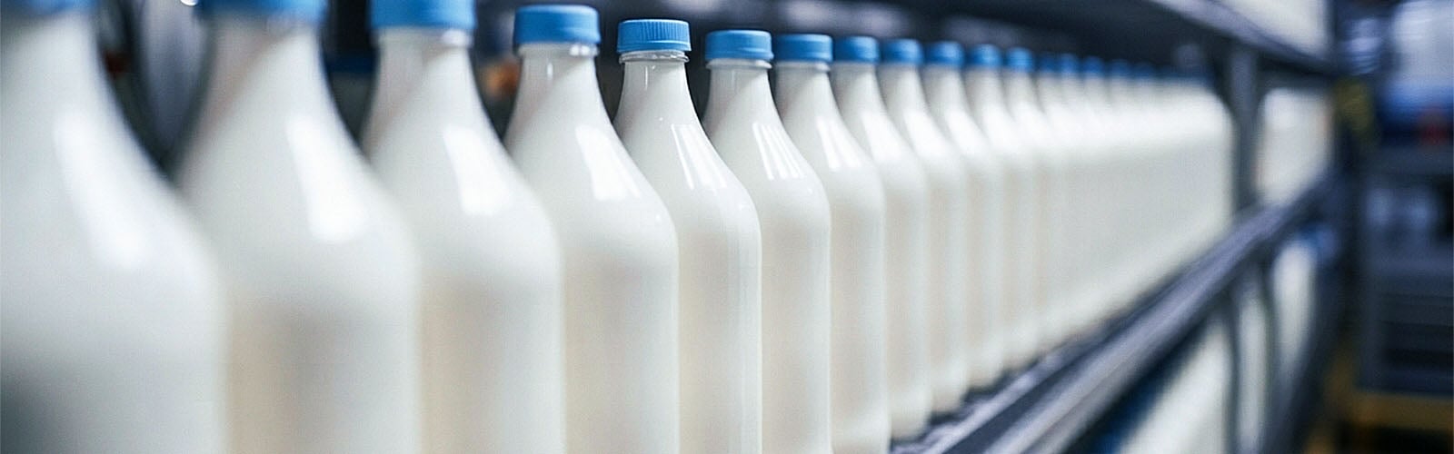 Milk Bottles on Shelves in a Dairy Processing Facility